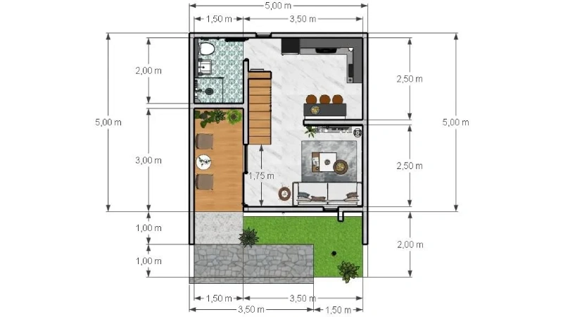 contoh Denah 5x5 dengan 1 Kamar Tidur Utama