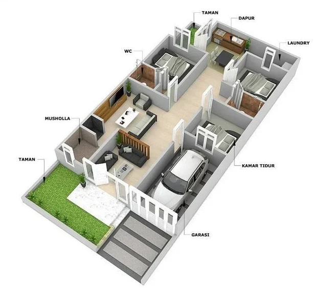 denah minimalis 3 kamar